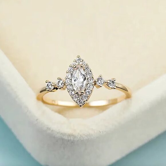 14k Yellow Gold Diamond Ring Marquise Cut Dainty Ring Band - Picture 1 of 4